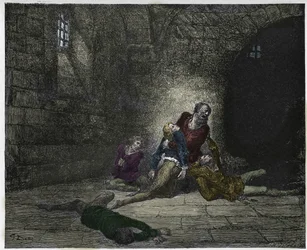 Inferno, Canto 33: Gaddo muore davanti agli occhi del padre (illustrazione dalla Divina Commedia di Dante Alighieri, 1885)